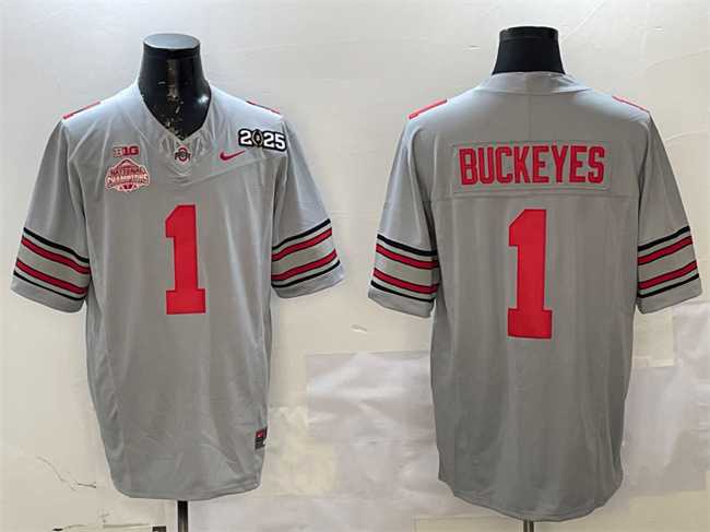 Mens Ohio State Buckeyes #1 Buckeyes Grey 2025 CFP Final With National Champions Patch F.U.S.E. Vapor Limited Stitched Jersey